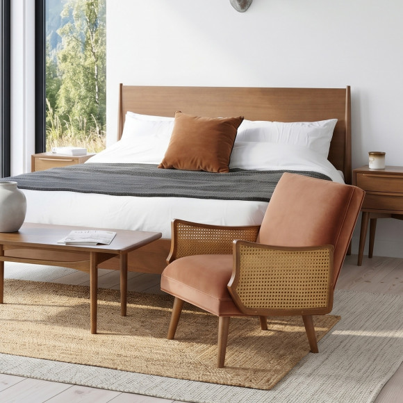 CUBA - Fauteuil style nordique en velours, bois massif et accoudoirs en cannage, 1 place