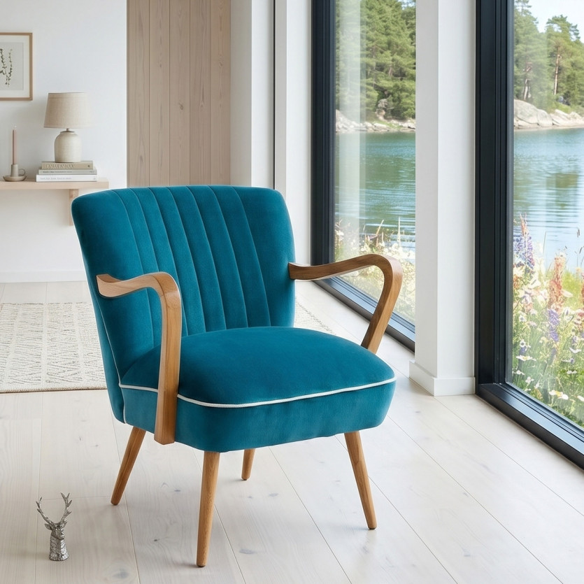 Fauteuil  SIXTY - Style scandinave, en velours et bois massif, bois certifié FSC®
