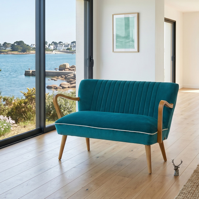 SIXTY – Banquette de salon style scandinave en bois massif et velours, bois certifié FSC®