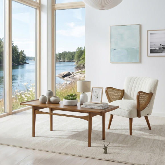 DALHIA – Table basse de salon style nordique, pieds en bois massif, teinte noyer