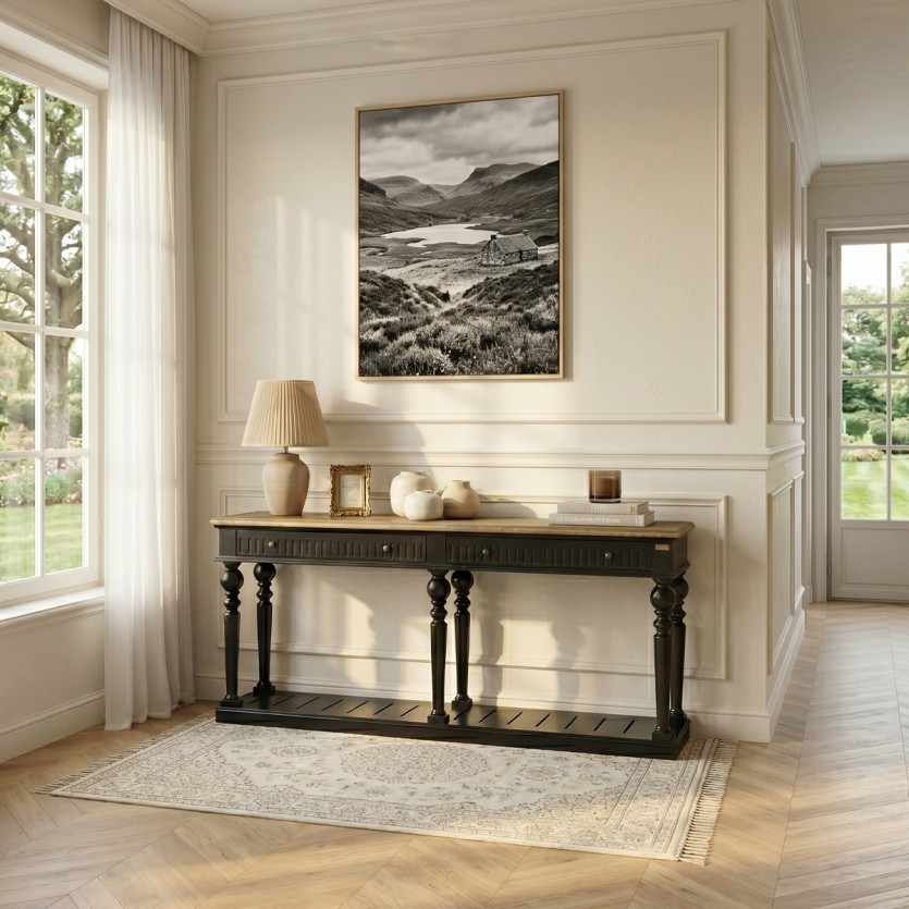 Console AUDE - Style shabby chic, plateau en chêne, 2 tiroirs - Bois certifié FSC®