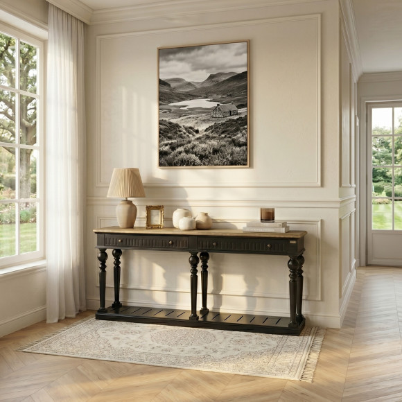 Console AUDE - Style shabby chic, plateau en chêne, 2 tiroirs - Bois certifié FSC®