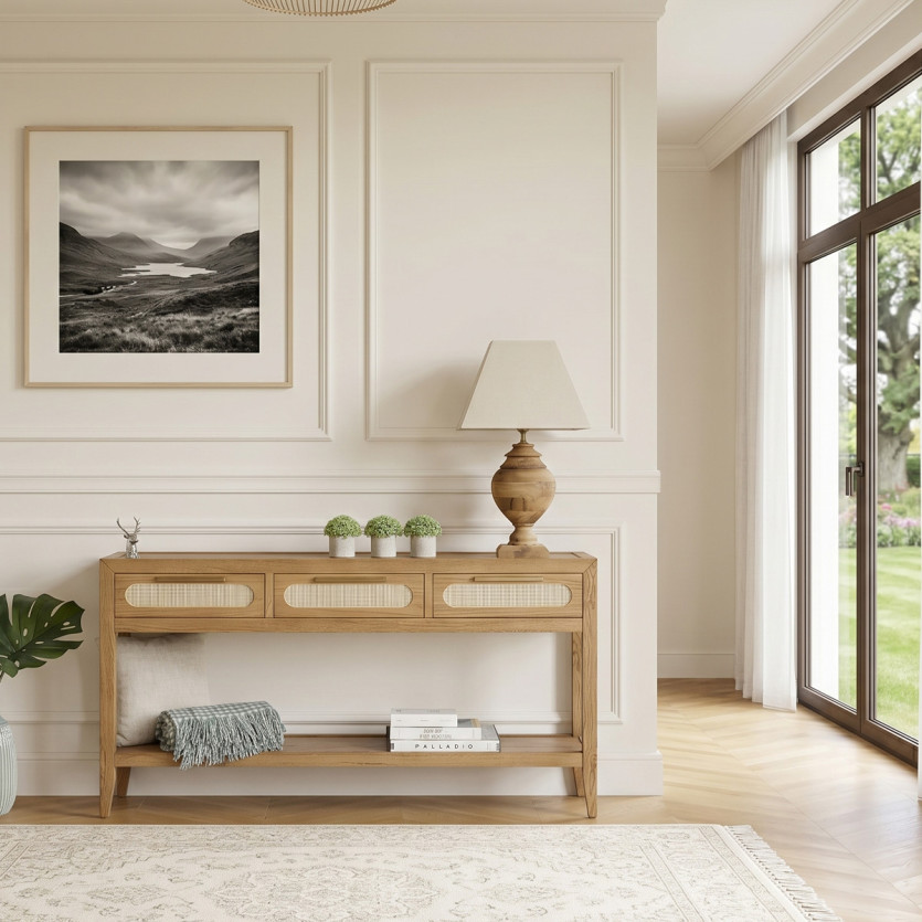 Console MONTANA - Style moderne, plateau en chêne, 3 tiroirs, 1 étagère