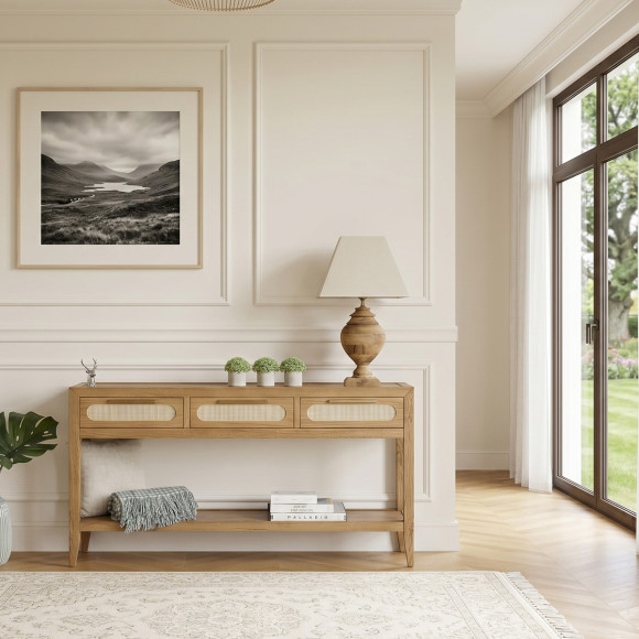 MONTANA-zijtafel - Moderne stijl, eikenhouten blad, 3 lades, 1 plank