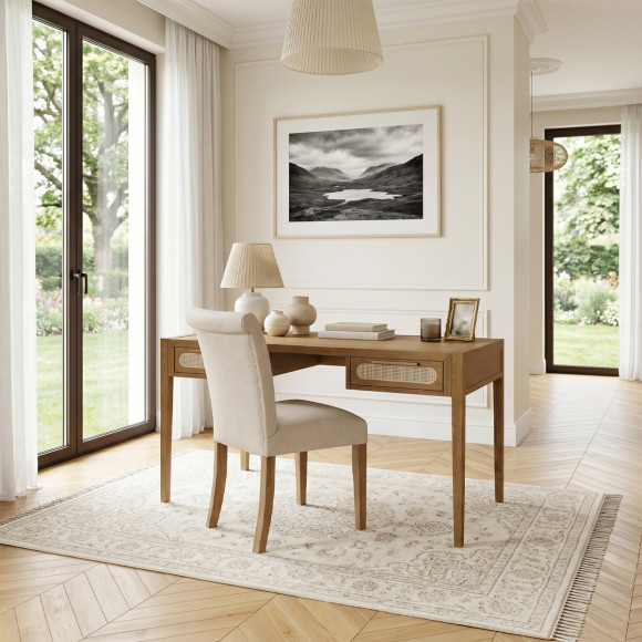 MONTANA - Oak desk, caning and brass in a modern style, 2 drawers