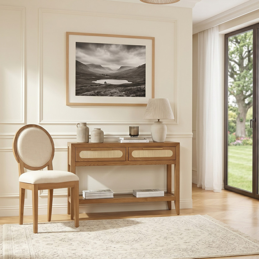 Console MONTANA - Estilo contemporâneo, tampo em carvalho, 2 gavetas, 1 prateleira
