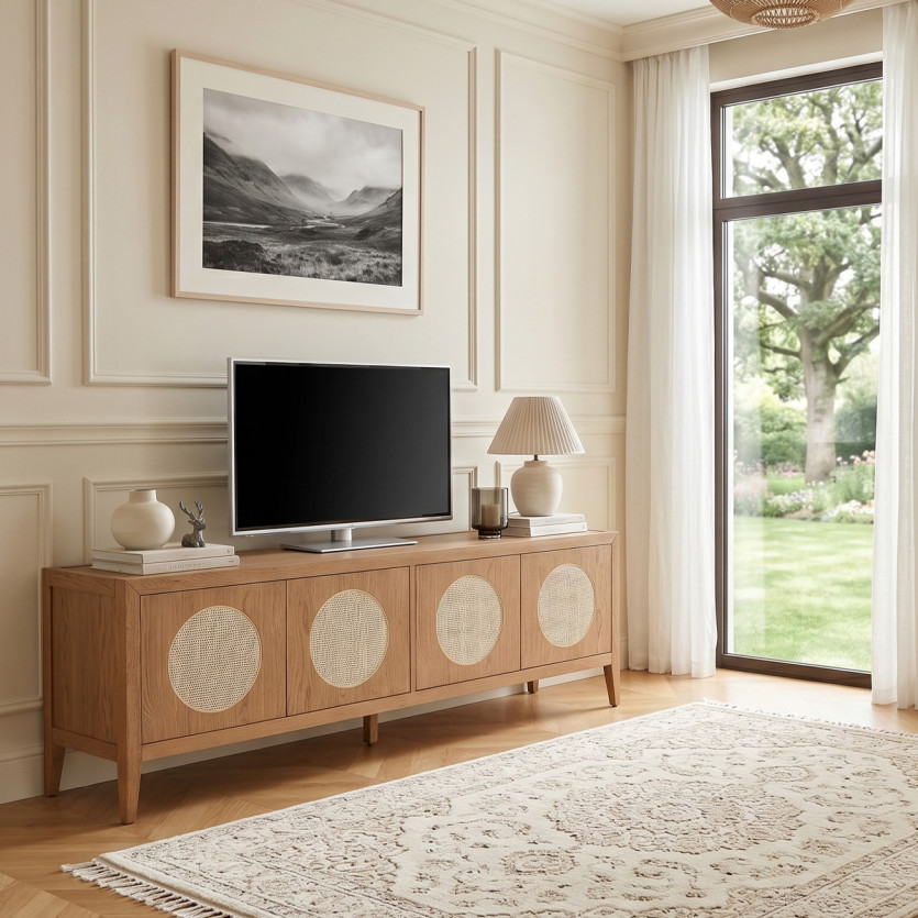 MONTANA - Moderner TV-Schrank aus Eiche und Rattan, 4 Türen