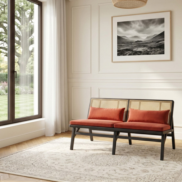 LALALA - Panchina stile vintage in rovere laccato nero, rattan e velluto, 2 posti