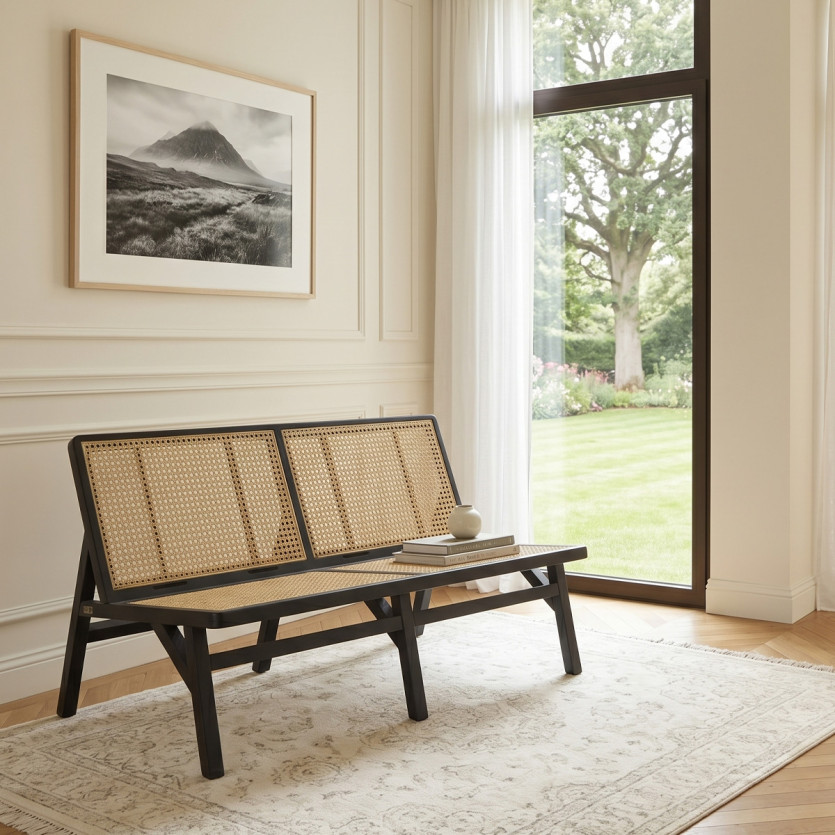 LALALA - Banquette style vintage en chêne laqué noir, rotin et velours, 2 places