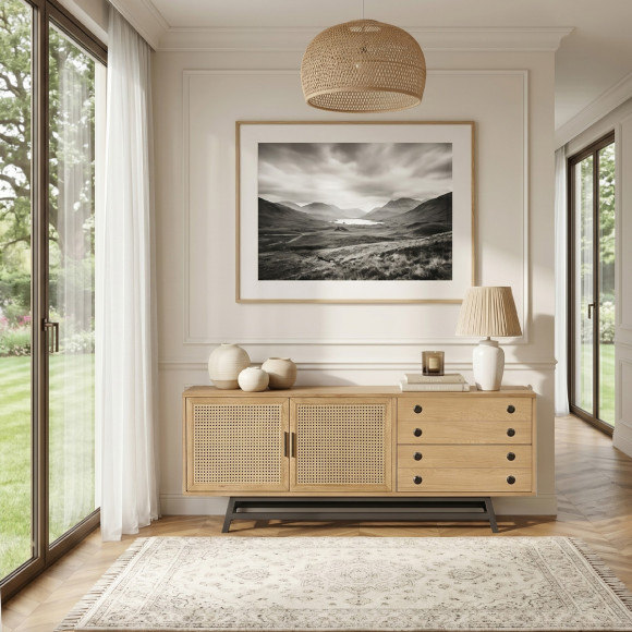 LALALA - Credenza in rovere, paglia di Vienna, metallo, 2 cassetti, 2 ante, 170 cm