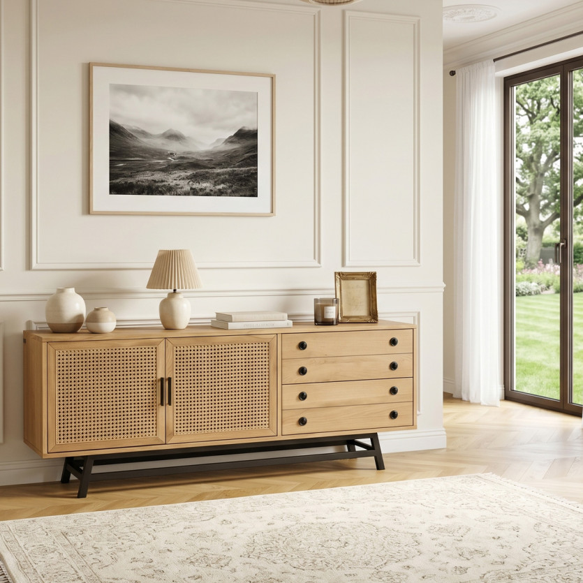 LALALA - Buffet bas en chêne, cannage, métal, 2 tiroirs, 2 portes, 170 cm