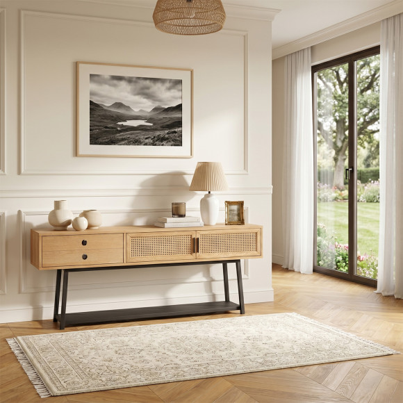 Console LALALA - Scandinavian style in oak, cane, and metal, 2 doors, 1 drawer
