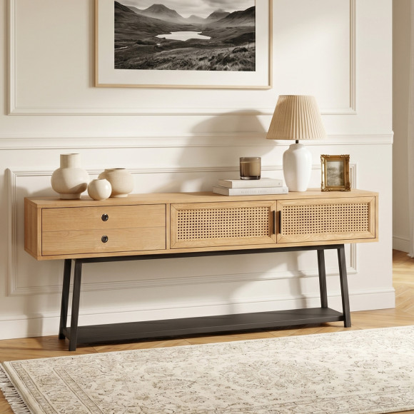 Console LALALA - Style scandinave en chêne, cannage et métal, 2 portes, 1 tiroir
