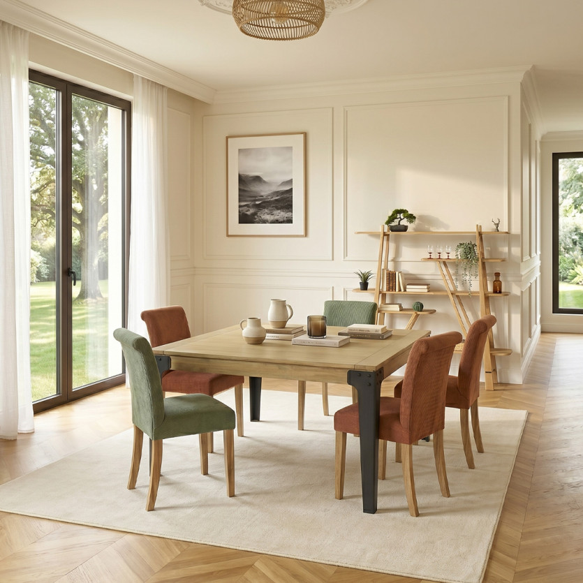 BALTIMORE - Square extendable dining table in industrial style with wood and metal, seats 8/10