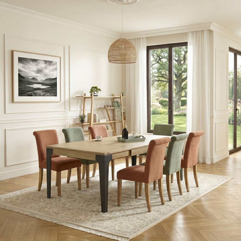 BALTIMORE - Mesa de comedor extensible cuadrada estilo industrial de madera y metal, 8/10 cubiertos