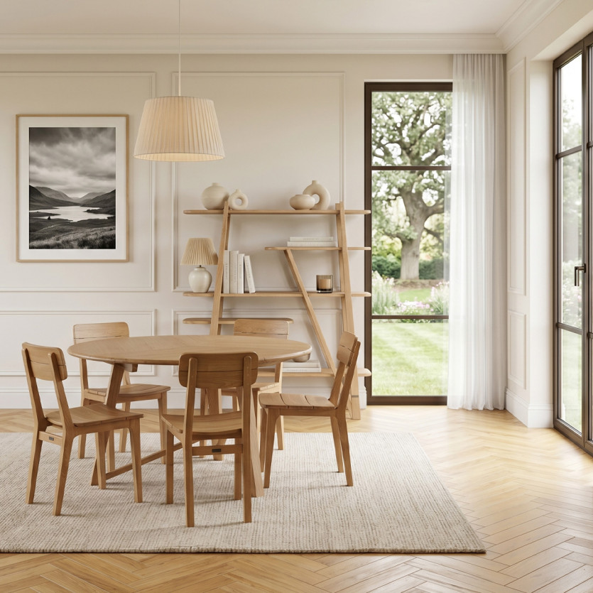 RACHEL round dining table - Contemporary style, oak, 6 place settings