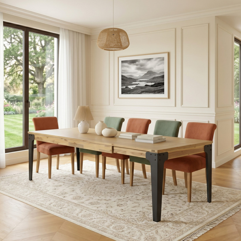 Mesa de jantar extensível BALTIMORE - Estilo moderno, madeira e metal, 8/10 lugares