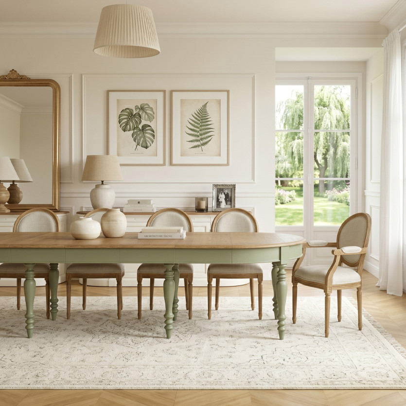 Table à manger extensible JADE – Style shabby chic, plateau en chêne, pieds verts 6/14 couverts