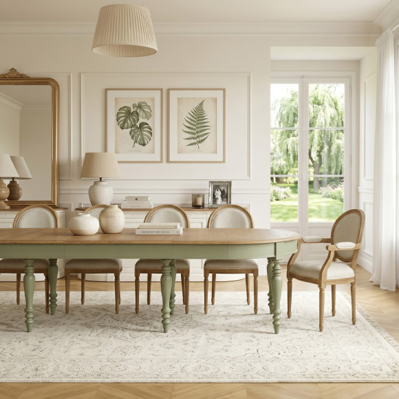 JADE – Extendable table in shabby chic style, oak top, seats 16 guests