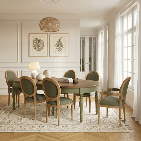 Table à manger extensible JADE – Style shabby chic, plateau en chêne, pieds verts 6/14 couverts