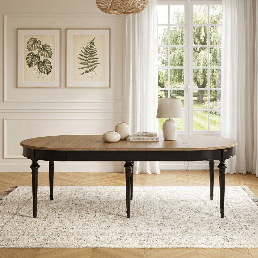 Table à manger extensible AMBRE - Style shabby chic, plateau en chêne, 4/10 couverts