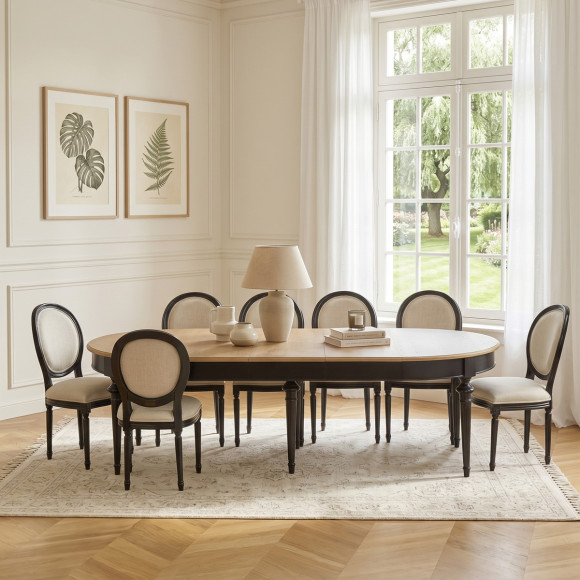Extendable dining table AMBRE - Shabby chic style, oak top, 4/10 place settings