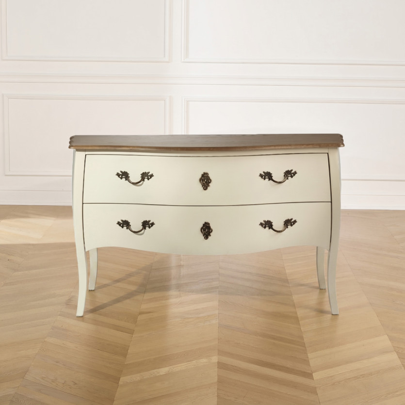 ALIENOR - Commode blanche style Louix XV, plateau en chêne, 2 tiroirs - bois certifié FSC®