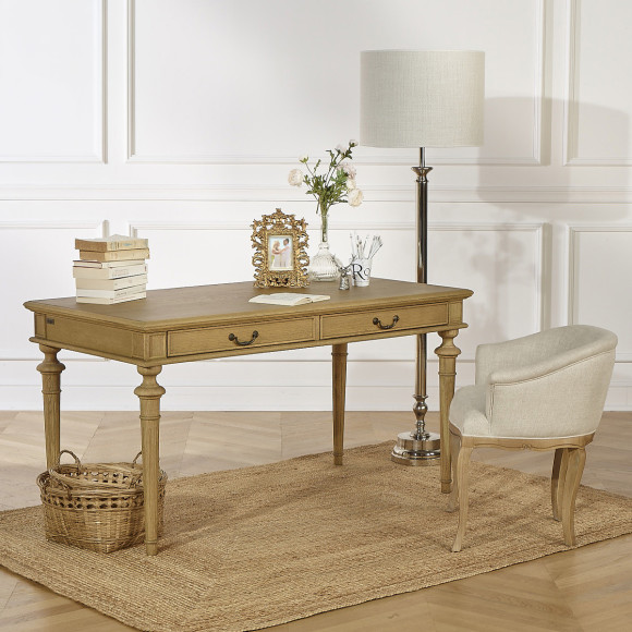 Bureau YVAN - Style shabby chic, plateau en chêne, 2 tiroirs