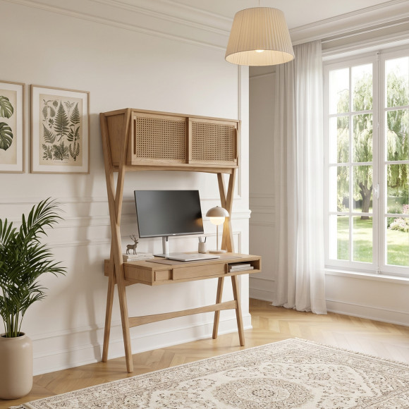 Bureau étagère KITTY - Style moderne en bois et cannage, 1 caisson, 1 tiroir