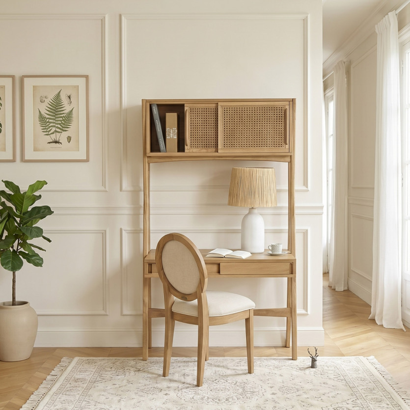 Bureau étagère KITTY - Style moderne en bois et cannage, 1 caisson, 1 tiroir