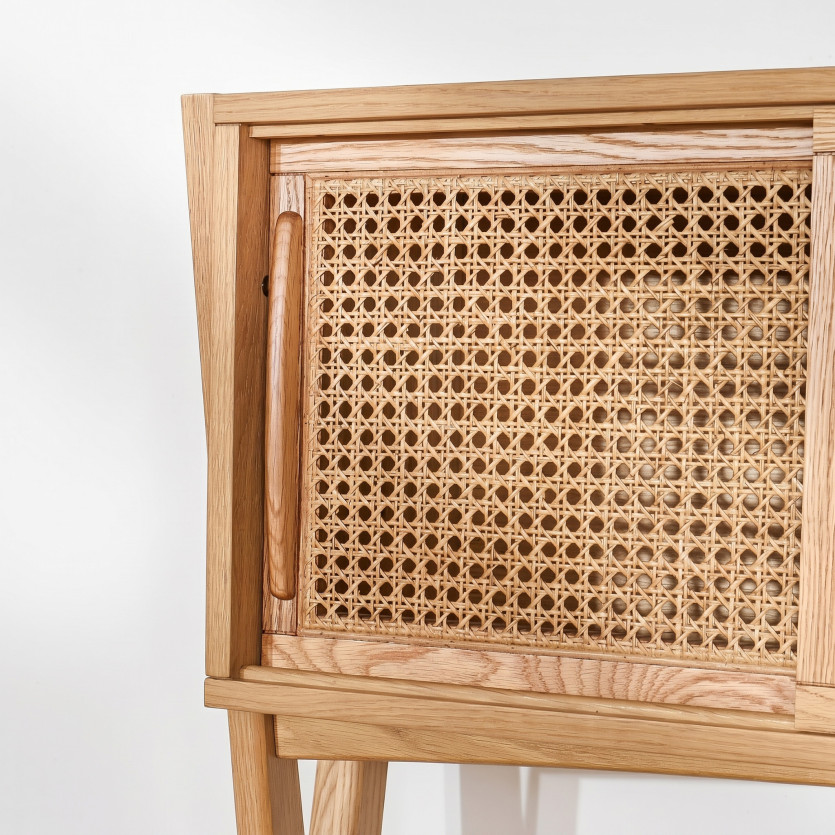 Bureau étagère KITTY - Style moderne en bois et cannage, 1 caisson, 1 tiroir