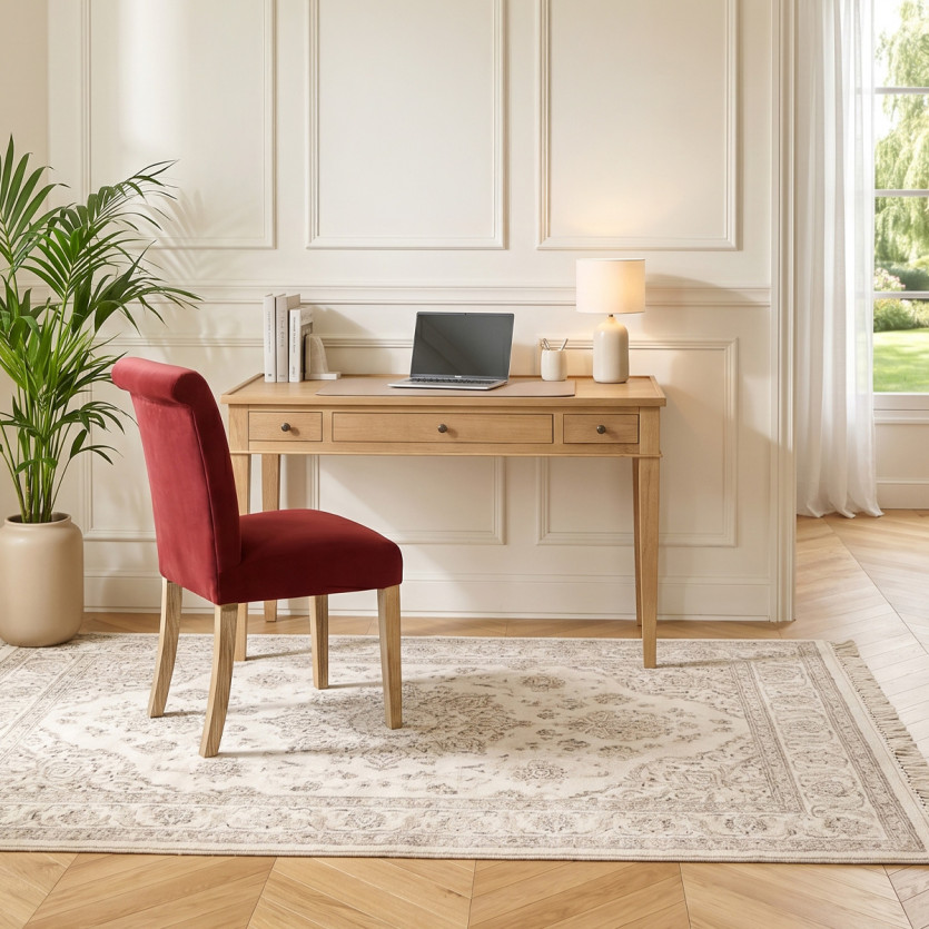 Bureau CAMUS – Style shabby chic, plateau en chêne, 3 tiroirs, 2 tirettes