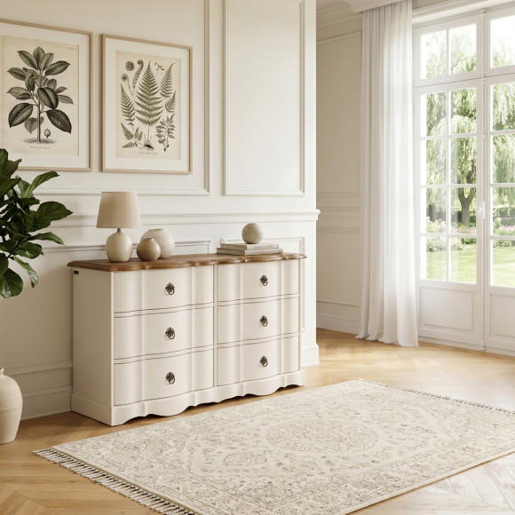ALYSSA - Commode blanche plateau chêne, 6 tiroirs