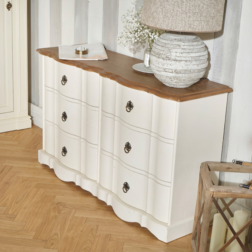 ALYSSA - Commode blanche plateau chêne, 6 tiroirs