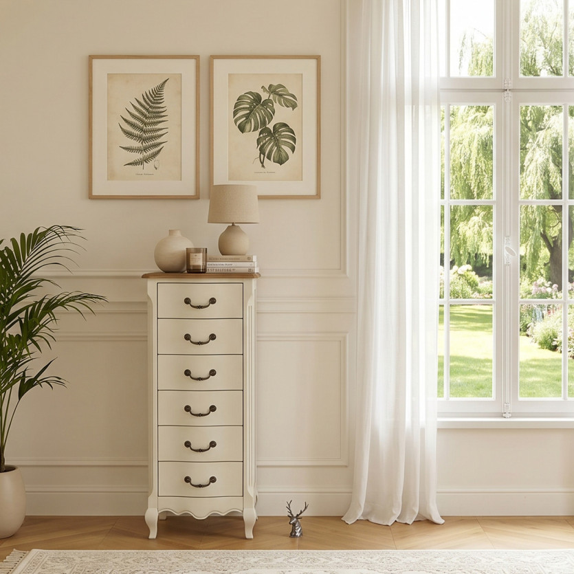 ORIANE – Coluna de arrumação estilo romântico, tampo em carvalho, 6 gavetas, madeira certificada FSC®