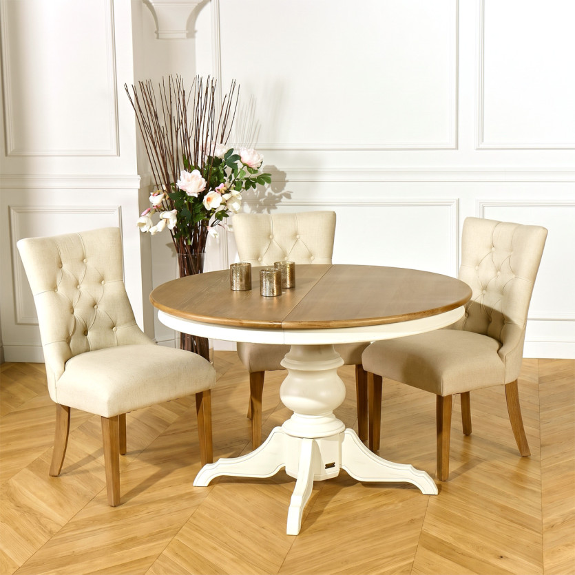 Table à manger extensible ARIANE -  Style romantique, plateau chêne, pied blanc, 4/6 couverts