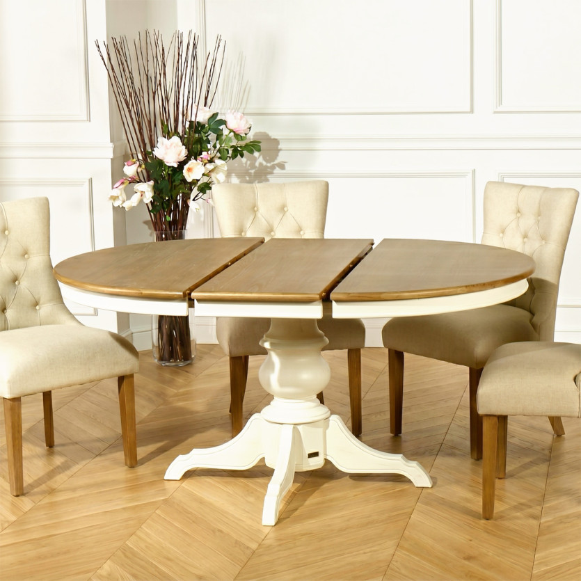 ARIANE Extendable Dining Table - Romantic style, oak top, white legs, seats 4/6
