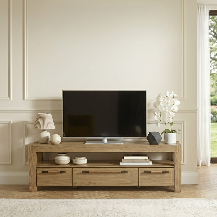 MEGÈVE – Meuble tv 150 cm en bois, style contemporain, 3 tiroirs, 1 étagère, bois certifié FSC®