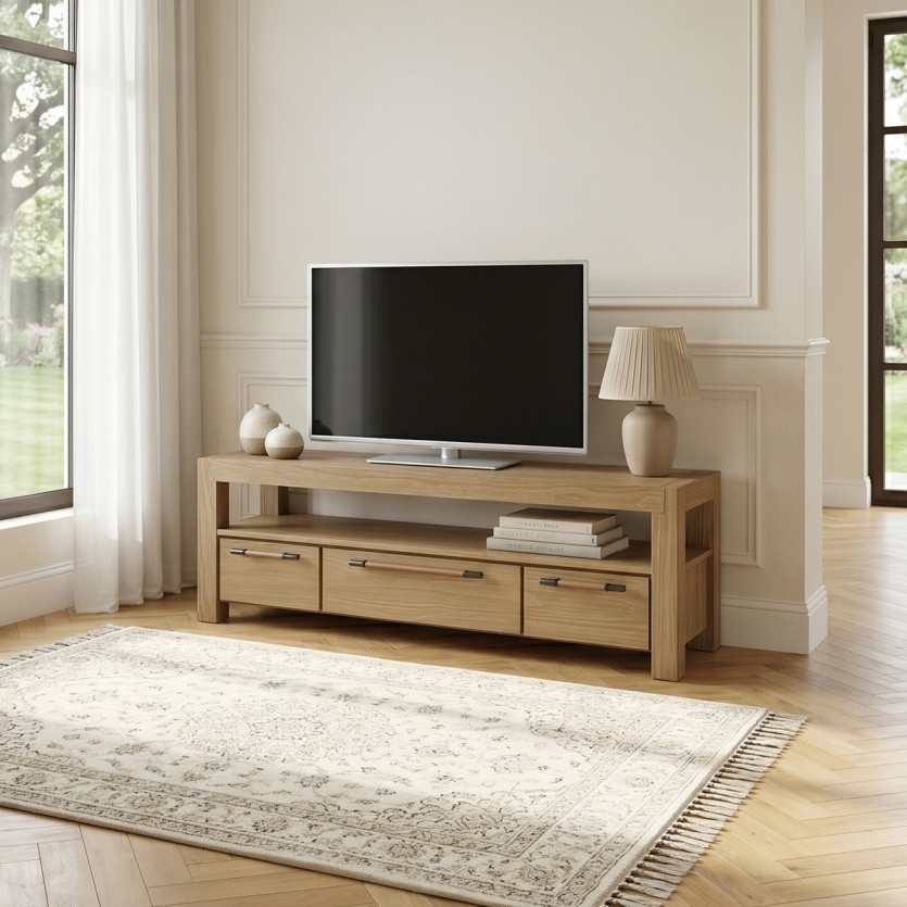MEGÈVE – Meuble tv 150 cm en bois, style contemporain, 3 tiroirs, 1 étagère, bois certifié FSC®