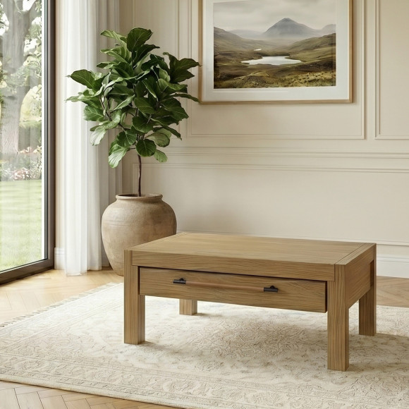 MEGÈVE – Table basse en bois massif style moderne, 2 tiroirs, bois certifié FSC®