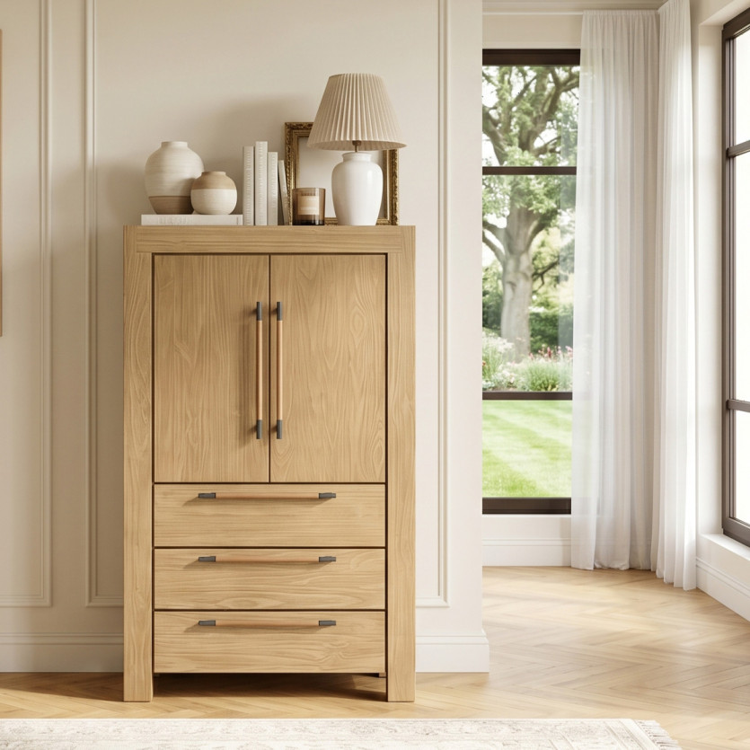 MEGEVE – Pequeno armário de estilo contemporâneo, 2 portas, 3 prateleiras, 3 gavetas, madeira certificada FSC®
