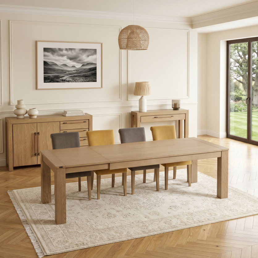 Mesa de comedor extensible MEGÈVE - Estilo contemporáneo en roble, 1 extensión, 8/10 cubiertos, madera certificada FSC®