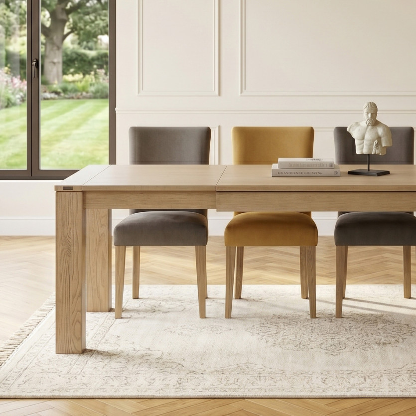 Table à manger extensible MEGÈVE - Style contemporain en chêne, 1 rallonge, 8/10 couverts, bois certifié FSC®