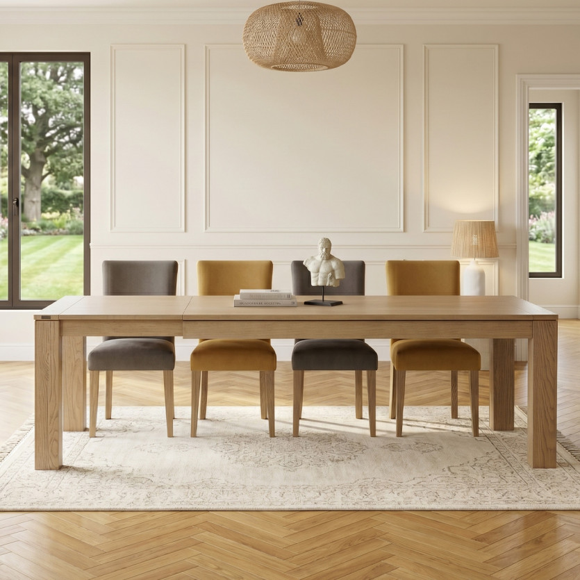 Mesa de comedor extensible MEGÈVE - Estilo contemporáneo en roble, 1 extensión, 8/10 cubiertos, madera certificada FSC®