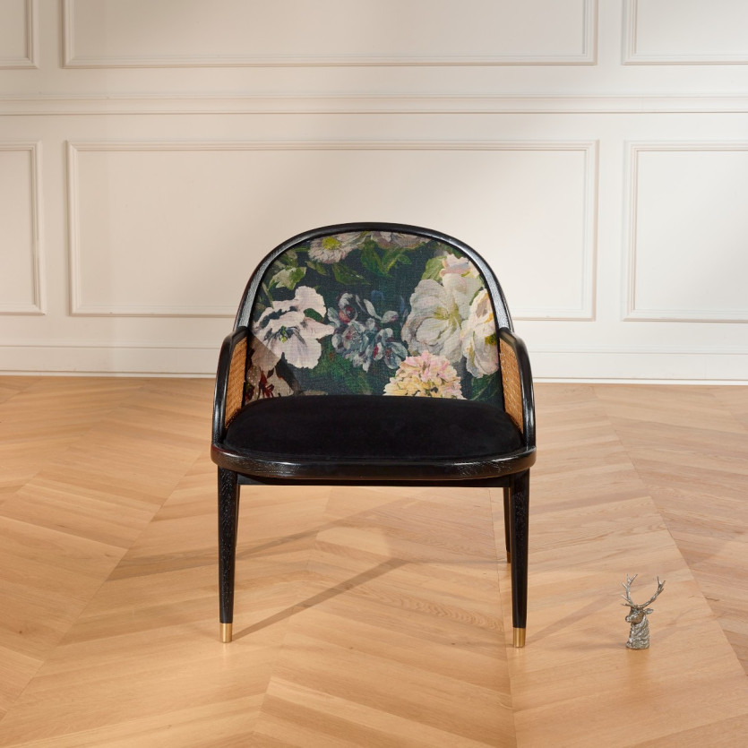 MARCEL GRAPHITE - Poltrona design stile moderno in rattan, rovere e velluto, 1 posto