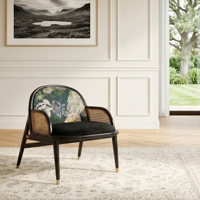 MARCEL GRAPHITE - Designer-Sessel im modernen Stil aus Rattan, Eiche und Samt, 1-Sitzer