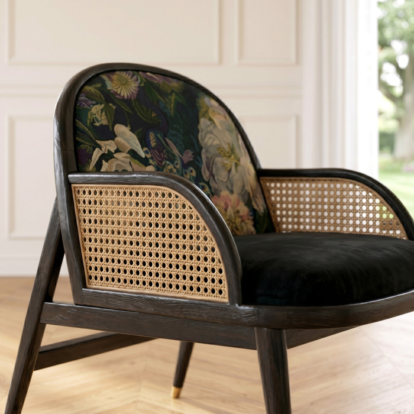 Cadeira designer MARCEL GRAPHITE - Estilo escandinavo em rattan, carvalho e veludo, 1 lugar