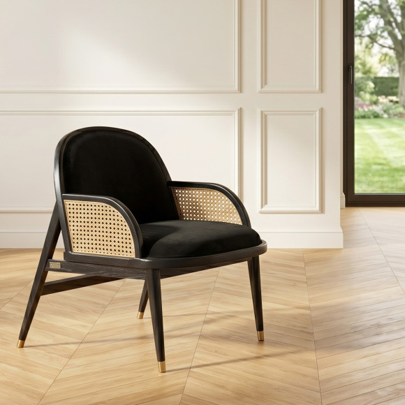 Fauteuil MARCEL - Style scandinave en bois massif, rotin et velours noir, 1 place