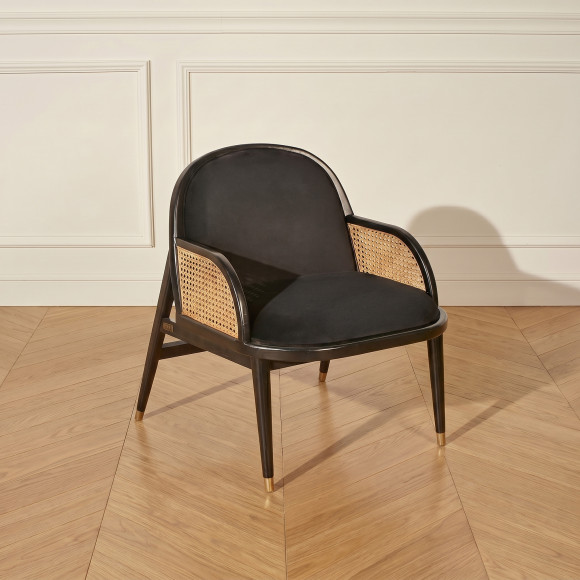 Poltrona MARCEL - Estilo escandinavo em madeira maciça, rattan e veludo preto, 1 lugar