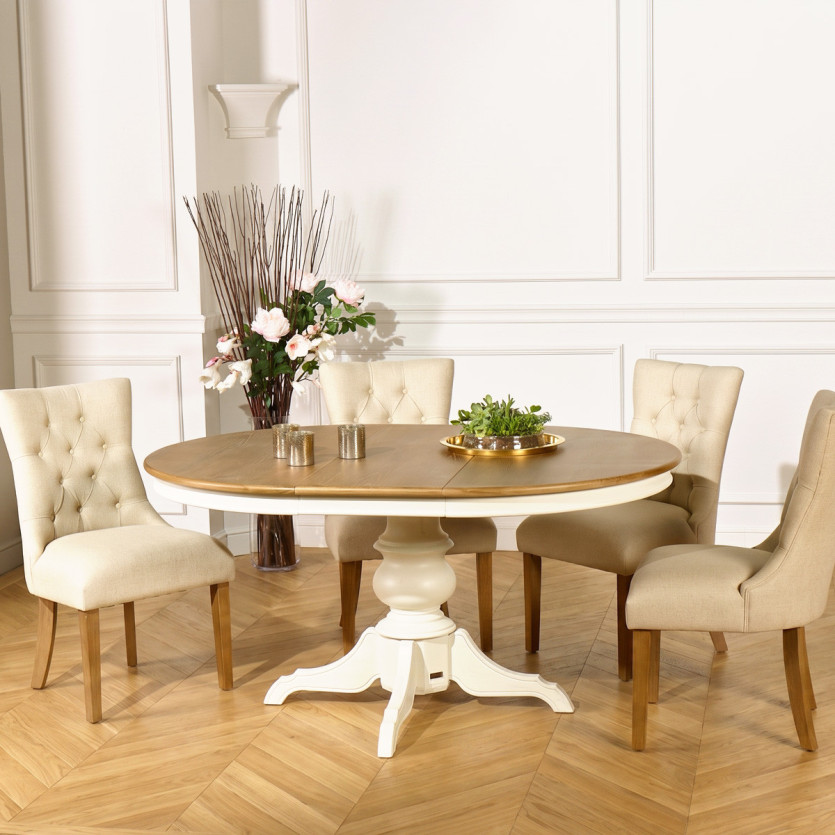 Table à manger avec rallonge ARIANE - Style shabby chic, plateau chêne, pieds blancs, 4/6 couverts - Bois certifié FSC®